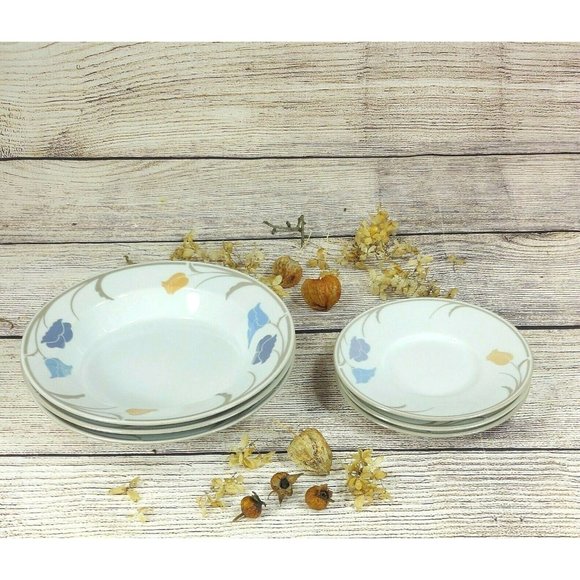 Dansk 3 Soup Bowls and 3 Flasks Tivoli Belles Fleurs Floral Blue Peach Flowers - Picture 2 of 6
